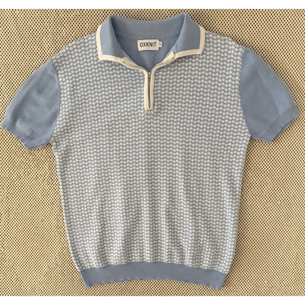 Mens 70S Mod 1/4 Zip Knit Sweater Polo Size XL Blue Diamond Pattern Retro Slim